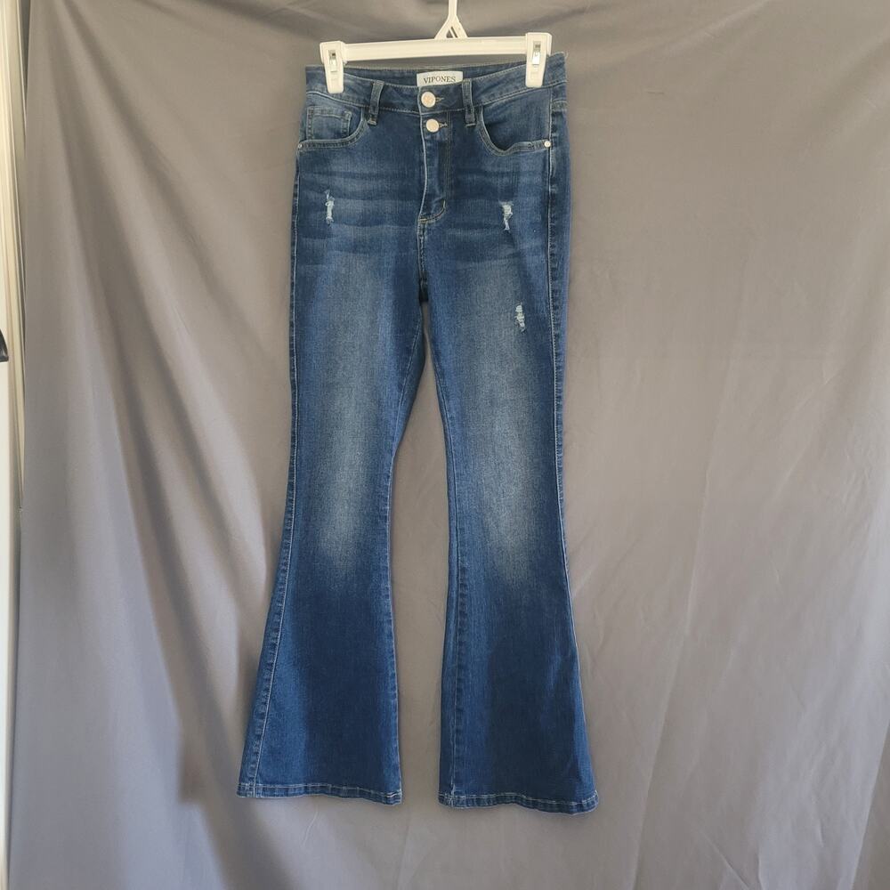 VIPONES Flare Jeans Womens Size 4 Blue High Rise Stretch Distressed Y2K